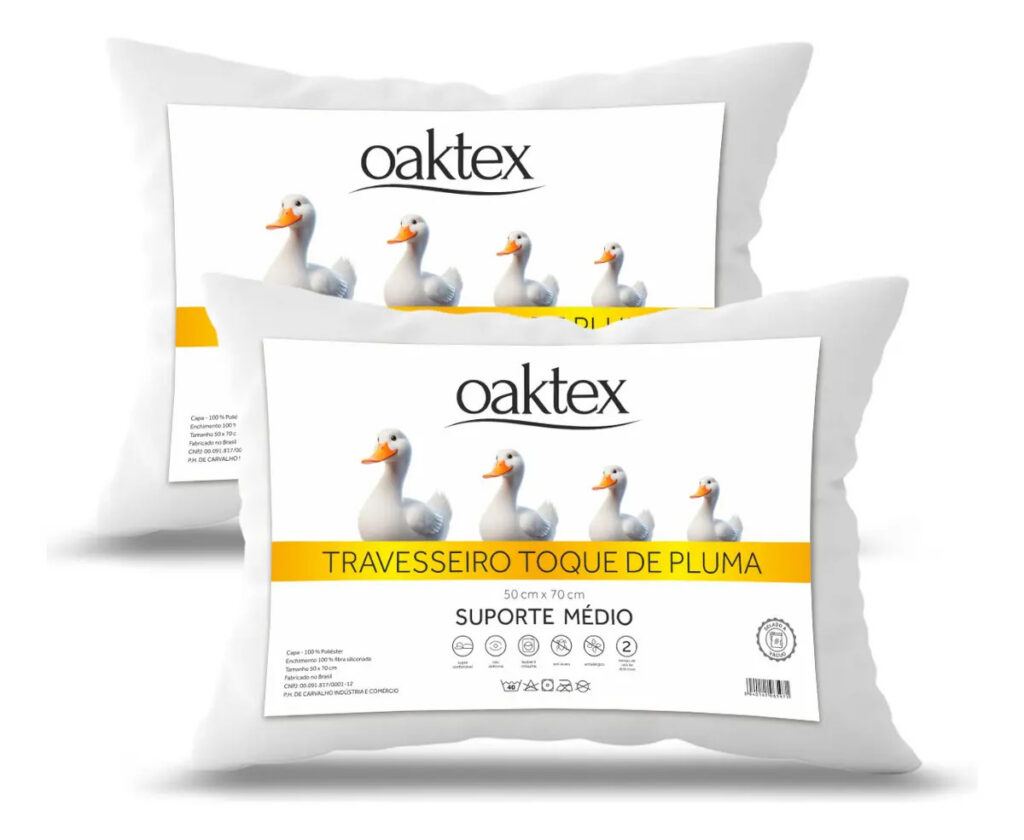 Kit 2 Travesseiros 70×50 Antialérgico Lavável Fibra Siliconada Toque de Pluma de Ganso Oaktex Cor Branco
