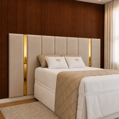 Cabeceira Modulada King Em Linho E Acrílico Espelho Dourado