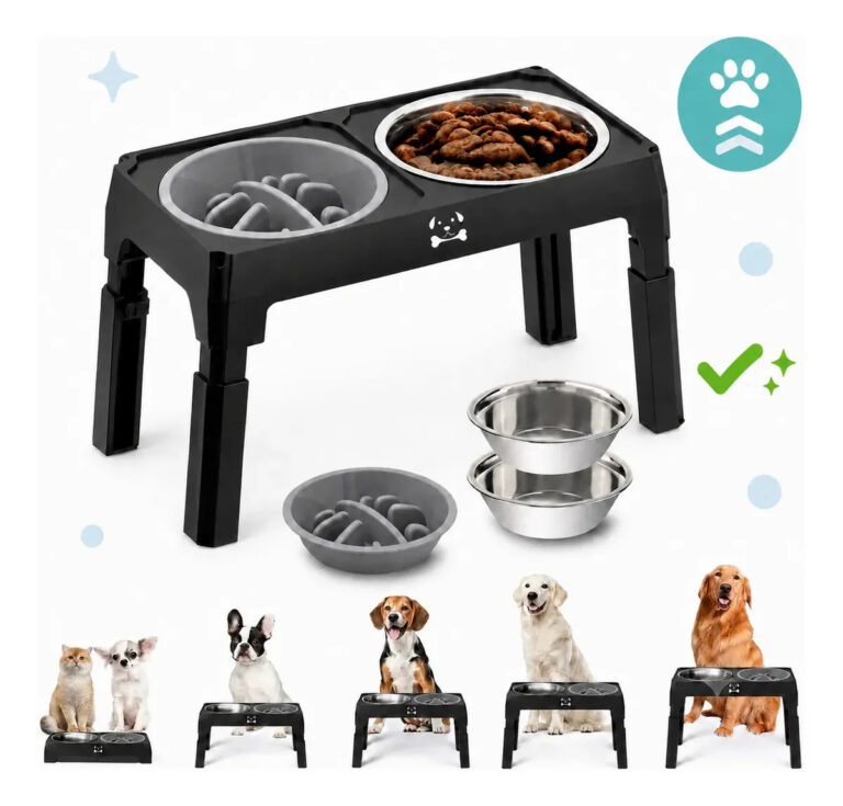 Comedouro e Bebedouro Elevado para Cães e gatos pets Inox Duplo lento tijela Regulável antiderrapante para buldogue com ajuste de altura suporte ergonomico 8cm 35cm