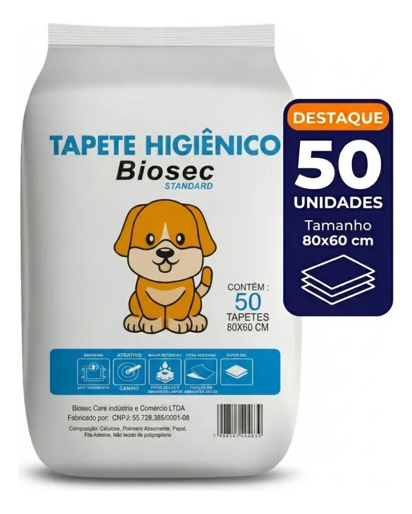 Tapete Higiênico 50 Unidades 80×60 biosec descartável para cachorro pet cão absorvente manta fralda com fita adesiva antiodor