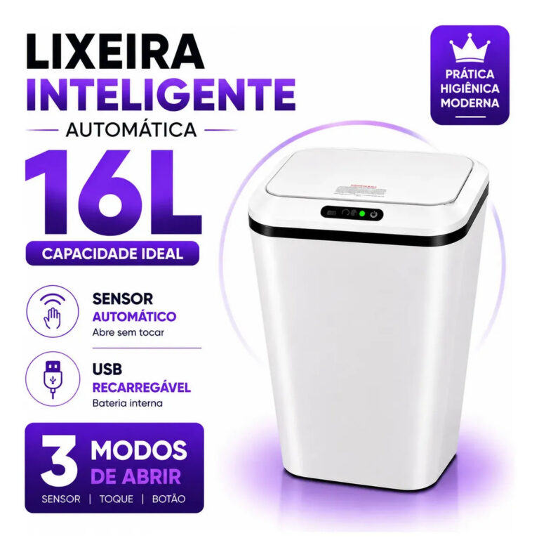 Lixeira Inteligente Automática 16L Sensor Infravermelho Recarregável USB-C 3 Modos Tampa Touch Banheiro Cozinha