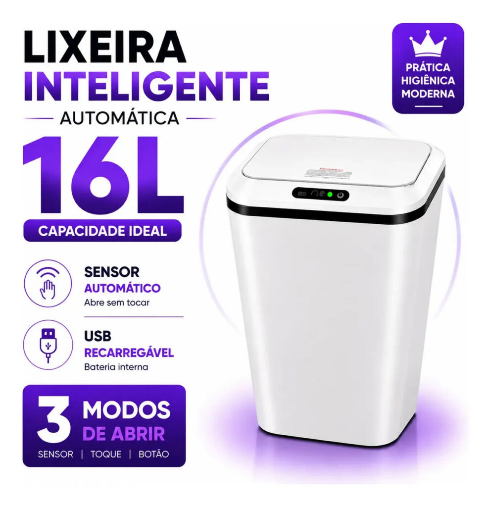 Lixeira Inteligente Automática 16L Sensor Infravermelho Recarregável USB-C 3 Modos Tampa Touch Banheiro Cozinha