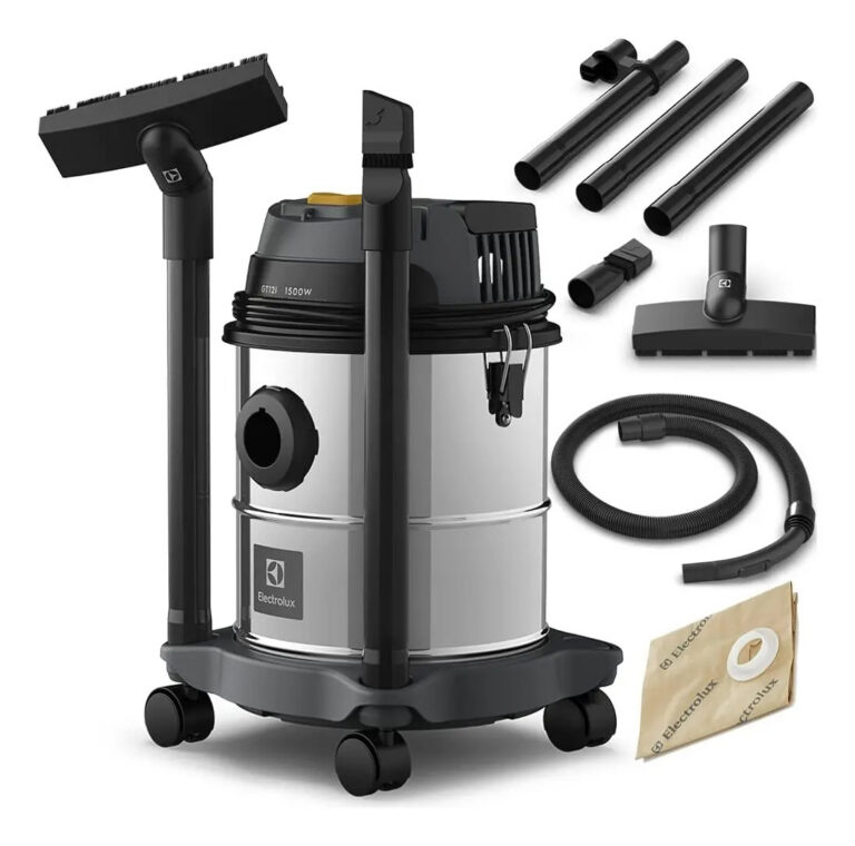 Aspirador de Pó e Água Electrolux 1500W de Potencia Capacidade 12L total 8,5L útil função sopro compacto líquidos químicos protetor térmico GT12i inox