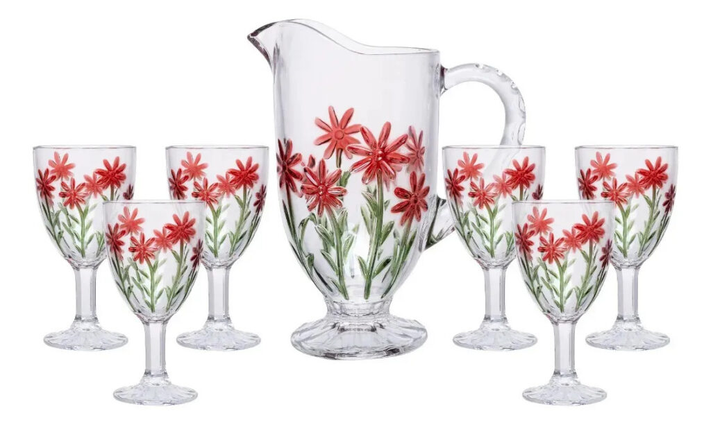 Conjunto Jarra com 6 Taças Red Flower 1,3L/320ml Cristal Wolff