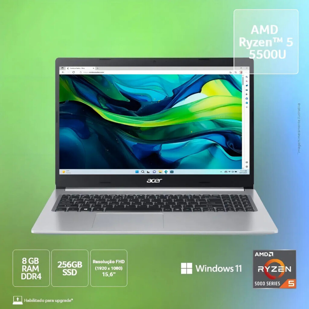 Notebook Acer Aspire 5 A515-45-R5AT AMD Ryzen 5 5500U 15.6″AMD Radeon Graphics 256GB SDD 8GB RAM Windows 11