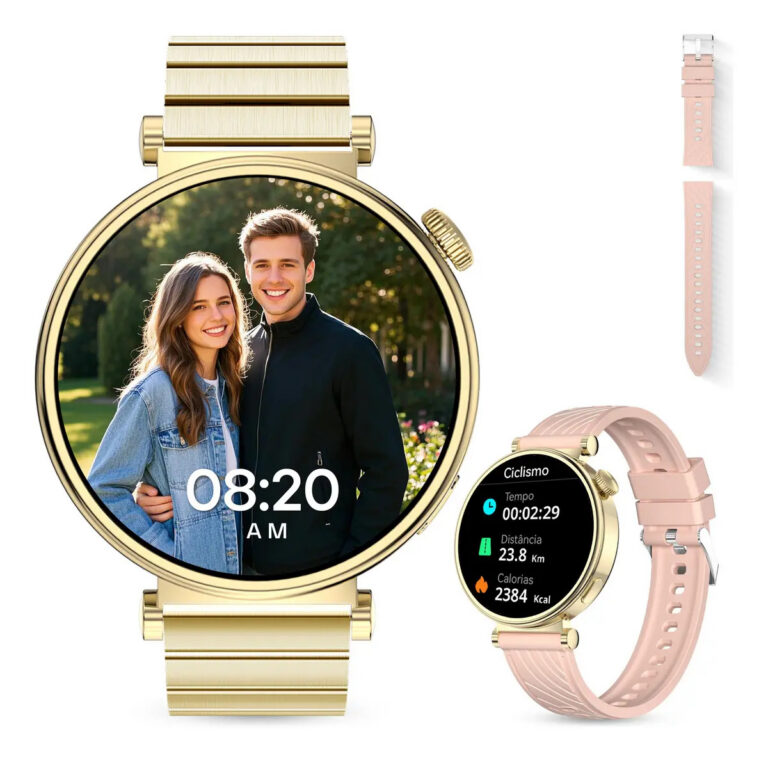 Smartwatch Feminino Aurafit Am23 Tela Amoled 1.32 Ouro Rosa Laranja Moda Rosa-claro Nude