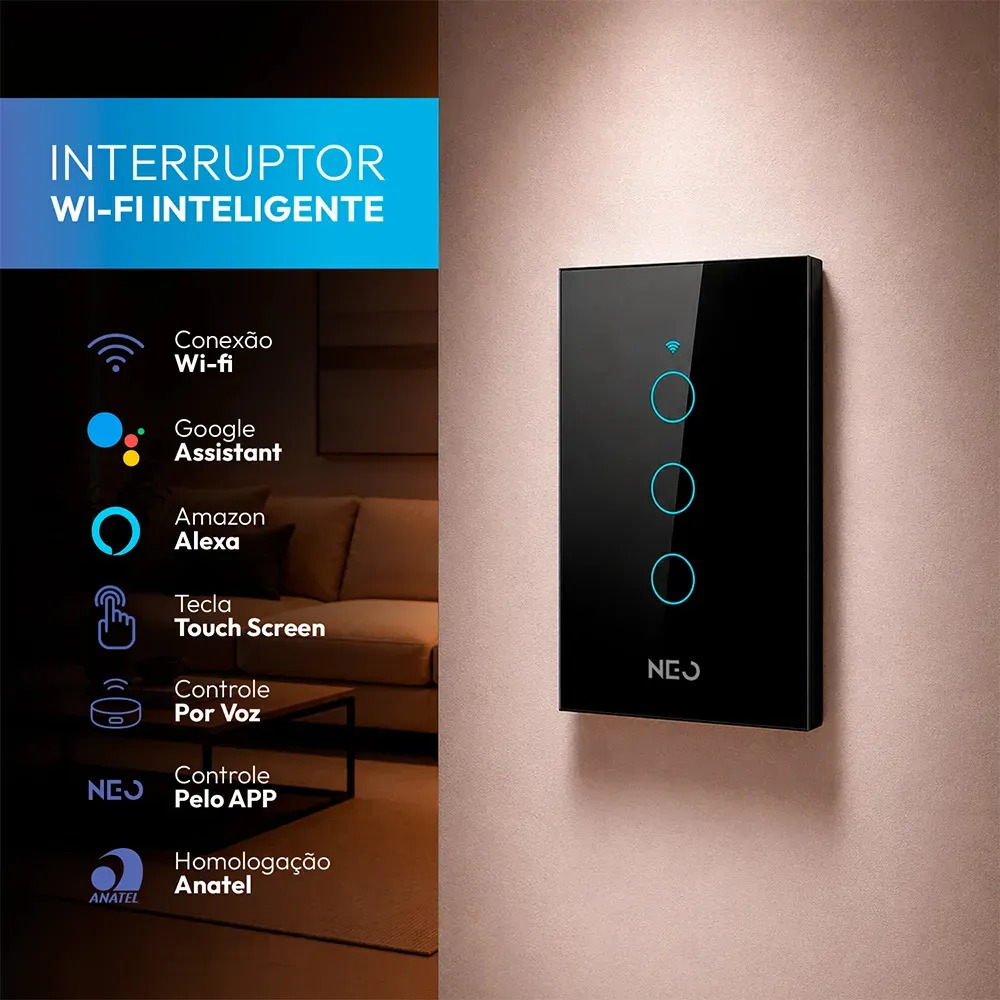 Interruptor Inteligente Wifi 4×2 Touch 3 Botões Alexa Google Cor Preto NEO by Avant