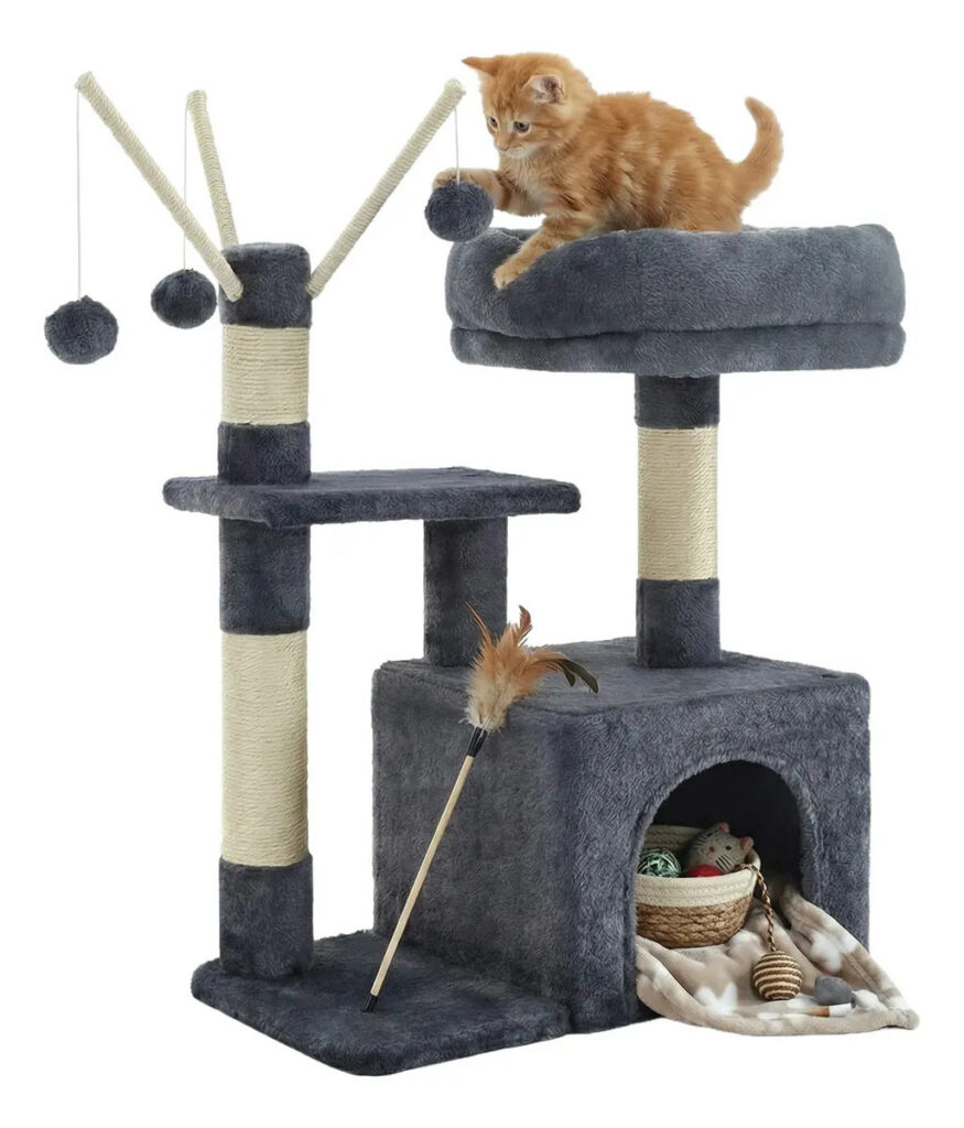 Arranhador Para Gatos Com 3 Pompoms, Casa Para Gatos Pequena Cor Cinza