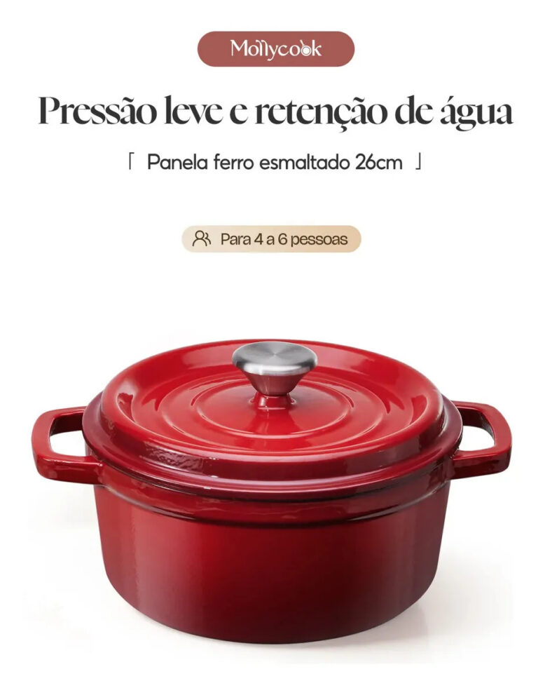 Panela Caçarola Ferro Esmaltado 26cm 4.8L Antiaderente Indução Vermelho Mollycook
