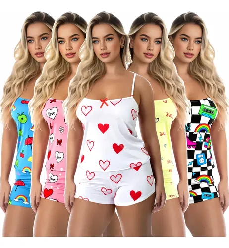 Kit 5 Conjuntos Pijama Feminino Baby Doll Estampados Cordoba