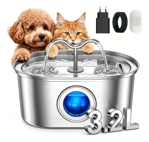 Bebedouro Automático Inox 3,2l Com Filtro Para Gatos E Cães