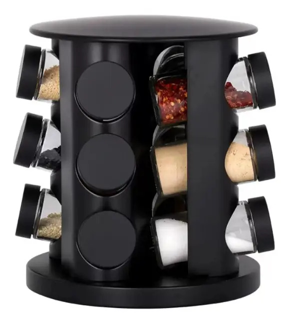 Porta Temperos Giratório Com 9 Potes De Vidro Cor Preto
