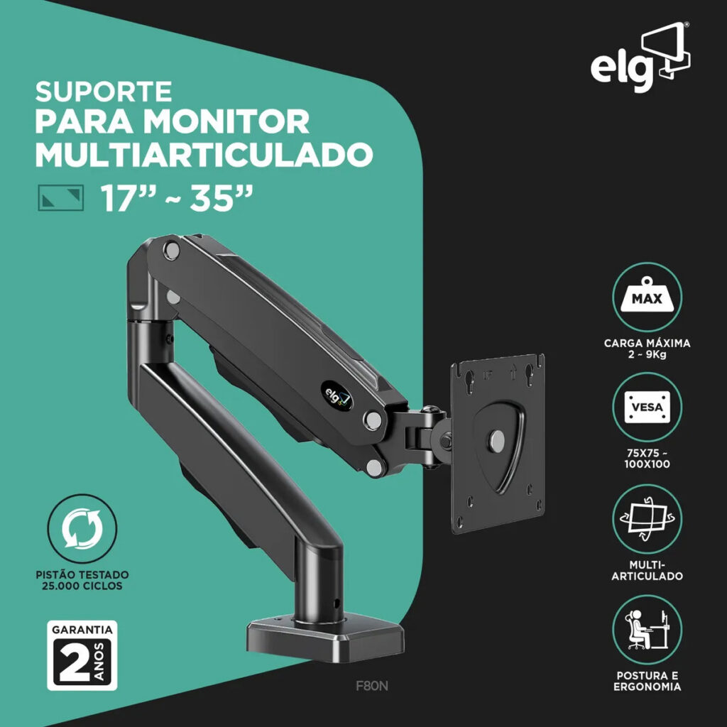 Suporte Articulado Mesa Monitor 17 a 35 Polegadas 9kg ELG Pistão a Gás Giro 360° Altura 14 a 42cm Avanço 54cm VESA 100×100 Preto F80N