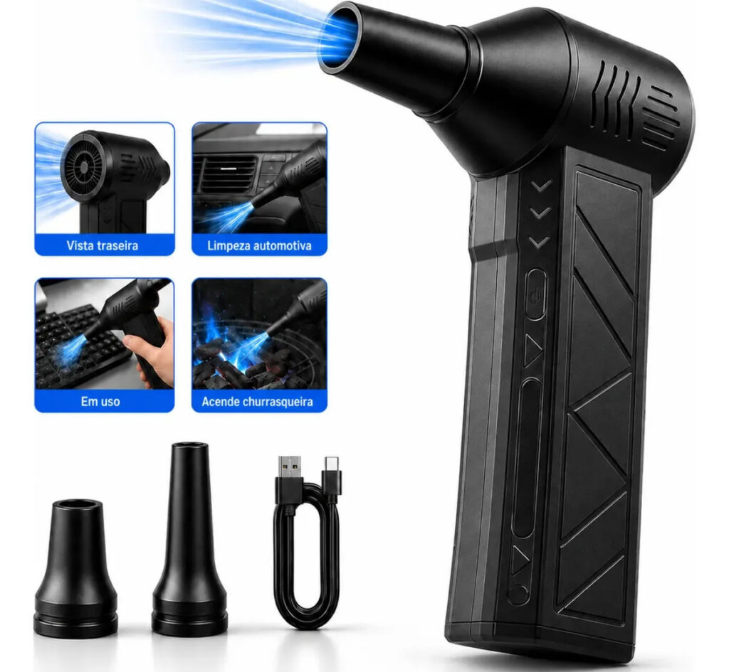 Soprador Mini Turbo Portátil Usb Sem Fio Recarregável Para Limpeza Com 2 Bicos E Inflar Preto Woosh