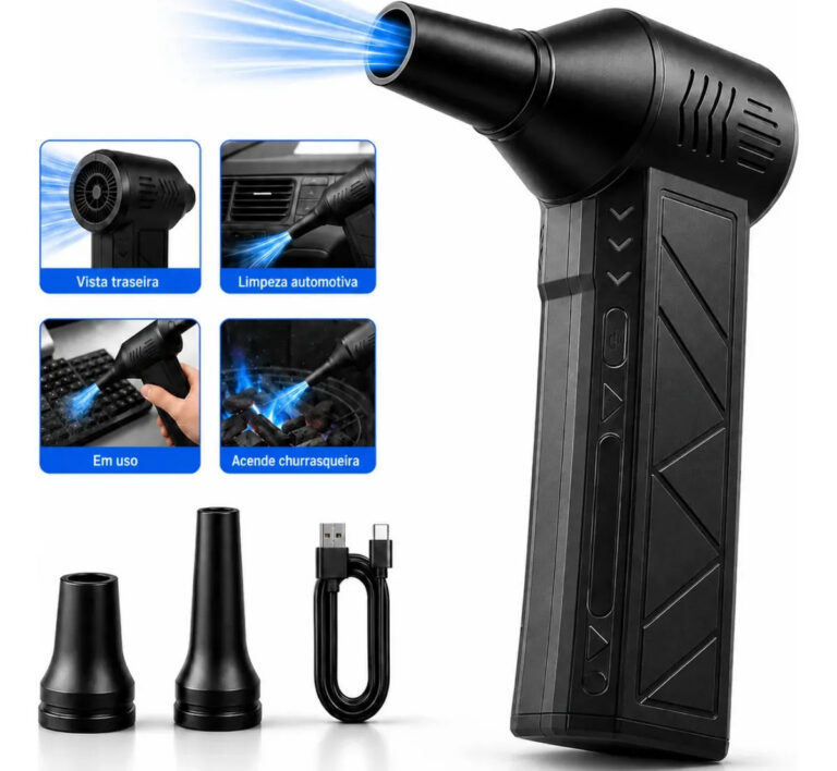 Soprador Mini Turbo Portátil Usb Sem Fio Recarregável Para Limpeza Com 2 Bicos E Inflar Preto Woosh