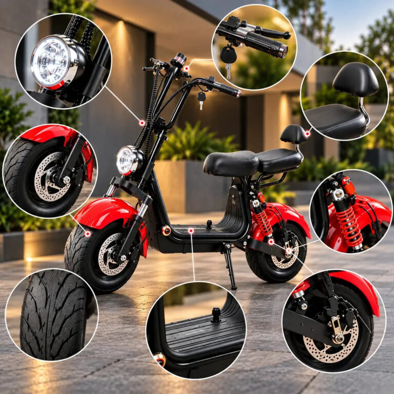 Scooter Elétrica Vermelha 1000W Bateria Lítio 48V 20Ah Autonomia 45-50km 40km/h Banco Duplo Encosto Pneus Largos Freio Hidráulico Até 200kg Sem CNH