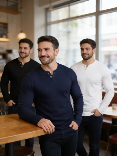 Kit 3 Camiseta Henley Masculina Slim 2 Botões Manga Longa