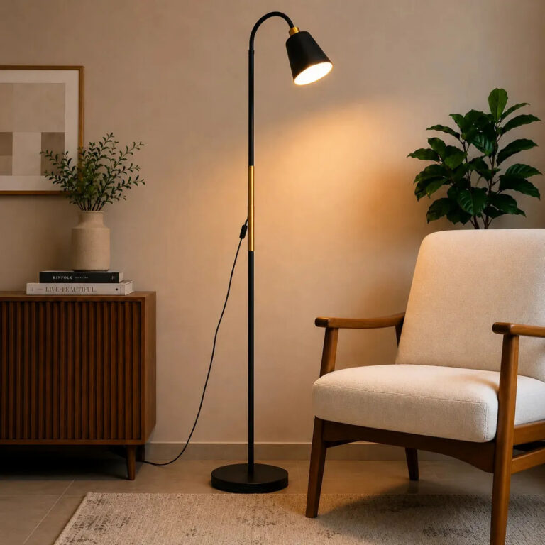 Luminária Abajur Metal Articulada Pedestal Chão Coluna Leitura Cúpula Preto Flexivel 1,6m 110v 220v Bravvi