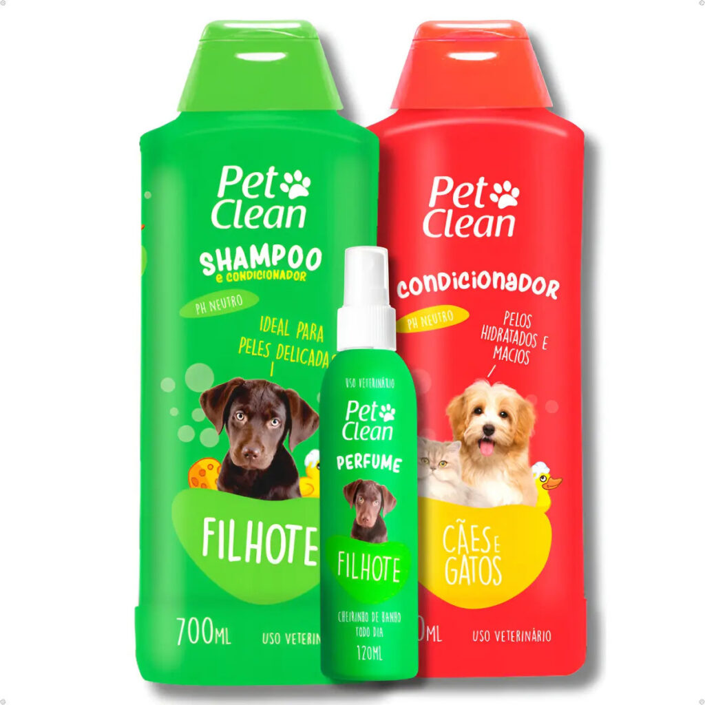 Kit Banho Pet Clean para Filhotes de Cães e Gatos com Shampoo, Condicionador e Perfume