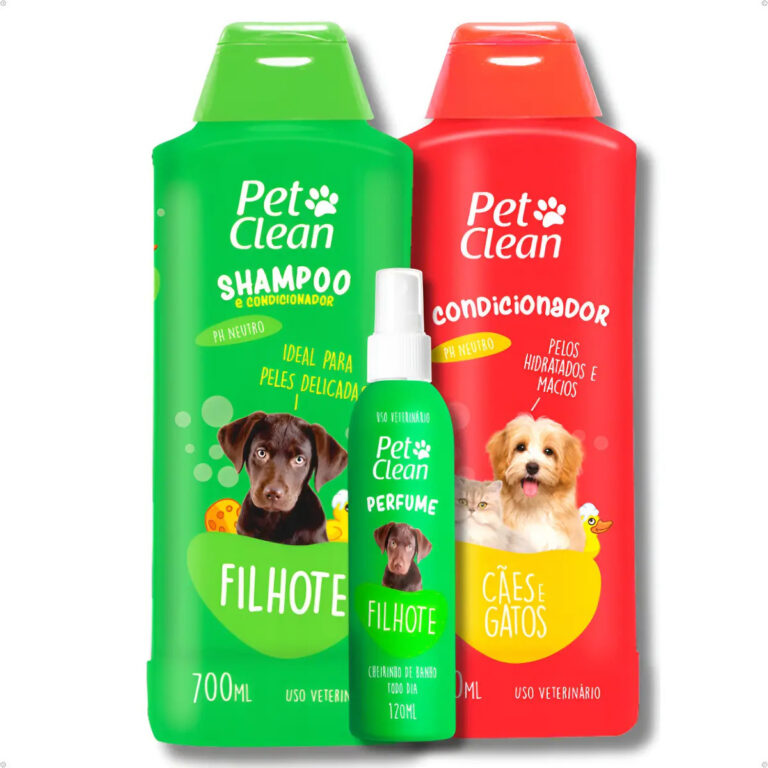 Kit Banho Pet Clean para Filhotes de Cães e Gatos com Shampoo, Condicionador e Perfume