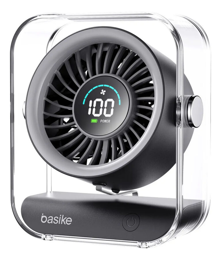 Mini Ventilador Portátil Basike de Mesa Recarregável Com Base e LED, Preto