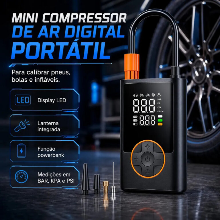 Compressor De Ar Digital Calibrador De Pneu Digital Para Moto E Carro Portátil Bivolt Com Powerbank