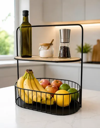 Fruteira De Mesa 2 Andares Metal E Bambu Organizador Cozinha