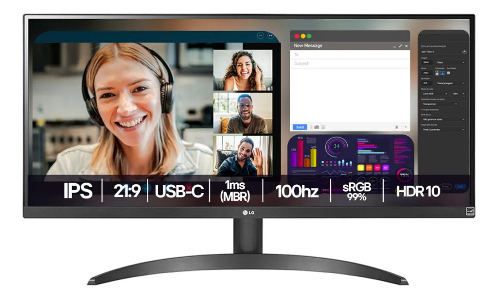 Monitor LG UltraWide – Tela IPS de 29″, 21:9, HDR10, sRGB 99%, 100Hz, Preto- 29WQ500B