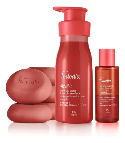Kit Tododia Morango E Baunilha Dourada: 1 Creme Corporal 400ml + 1 Óleo Bifásico 120ml + 1 Caixa Com 5 Sabonetes 90g
