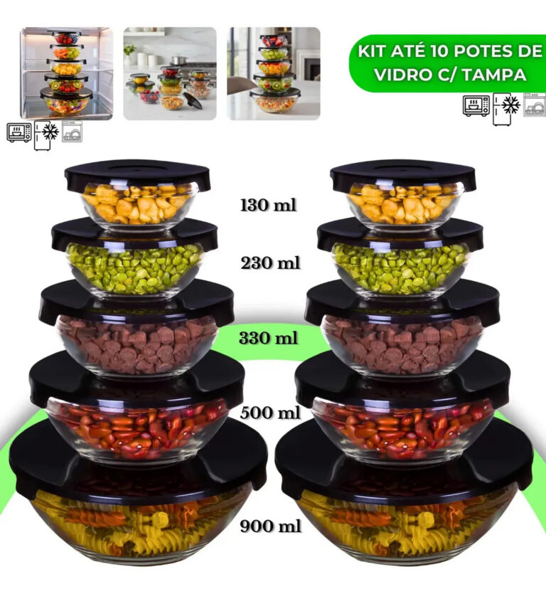 Kit 10 Potes De Vidro Hermético Com Tampa Tigela Redondo Freezer Micro-ondas Marmita Ideal para Alimentos e Refeições VYROX