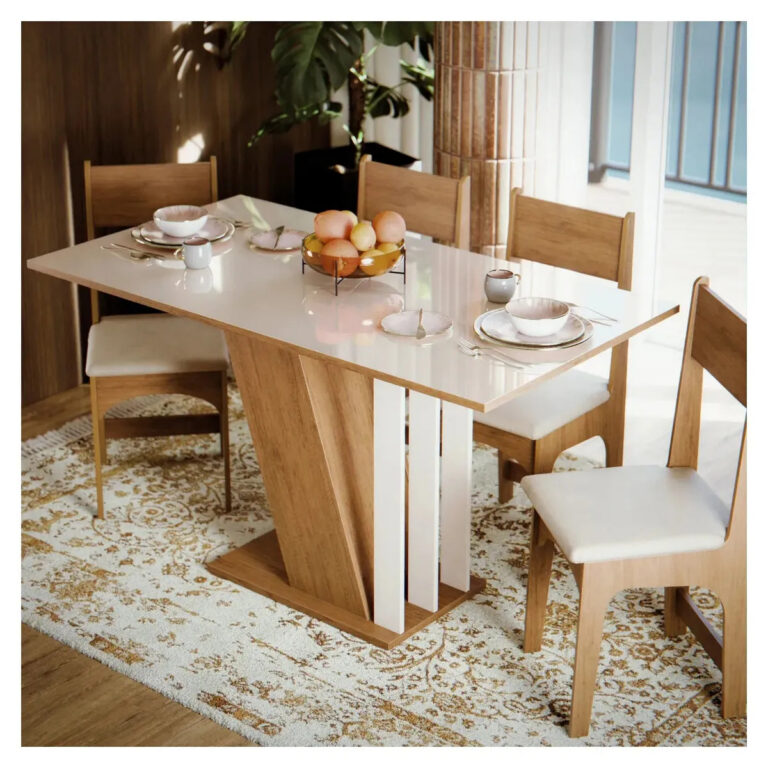 Mesa De Jantar Com 4 Cadeiras Estofadas Com Tampo Em MDF Semelhante Vidro Para Cozinha Cor Mel Off Emilly