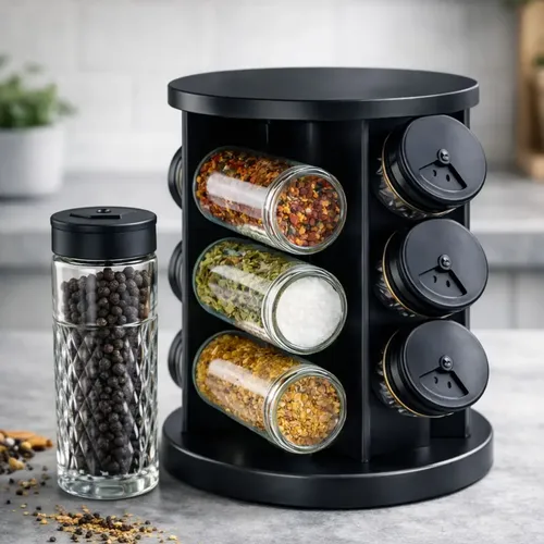 Porta Condimentos Temperos Giratório 9 Potes De Vidro Preto