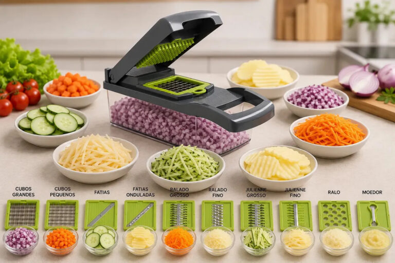 Cortador Fatiador Ralador De Legumes E Frutas 16 Peças Com Recipiente Coletor Lâminas Inox Mandoline Manual Multiuso Solar