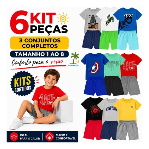 Kit 6 Peças Roupa Infantil Menino Verão 3 Conjuntos
