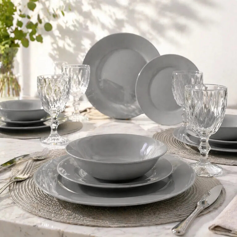 Aparelho De Jantar 16 Peças De Vidro Cinza Com Taça Diamond Conjunto Mesa Posta Completo Jogo De Pratos E Taças Sayonara