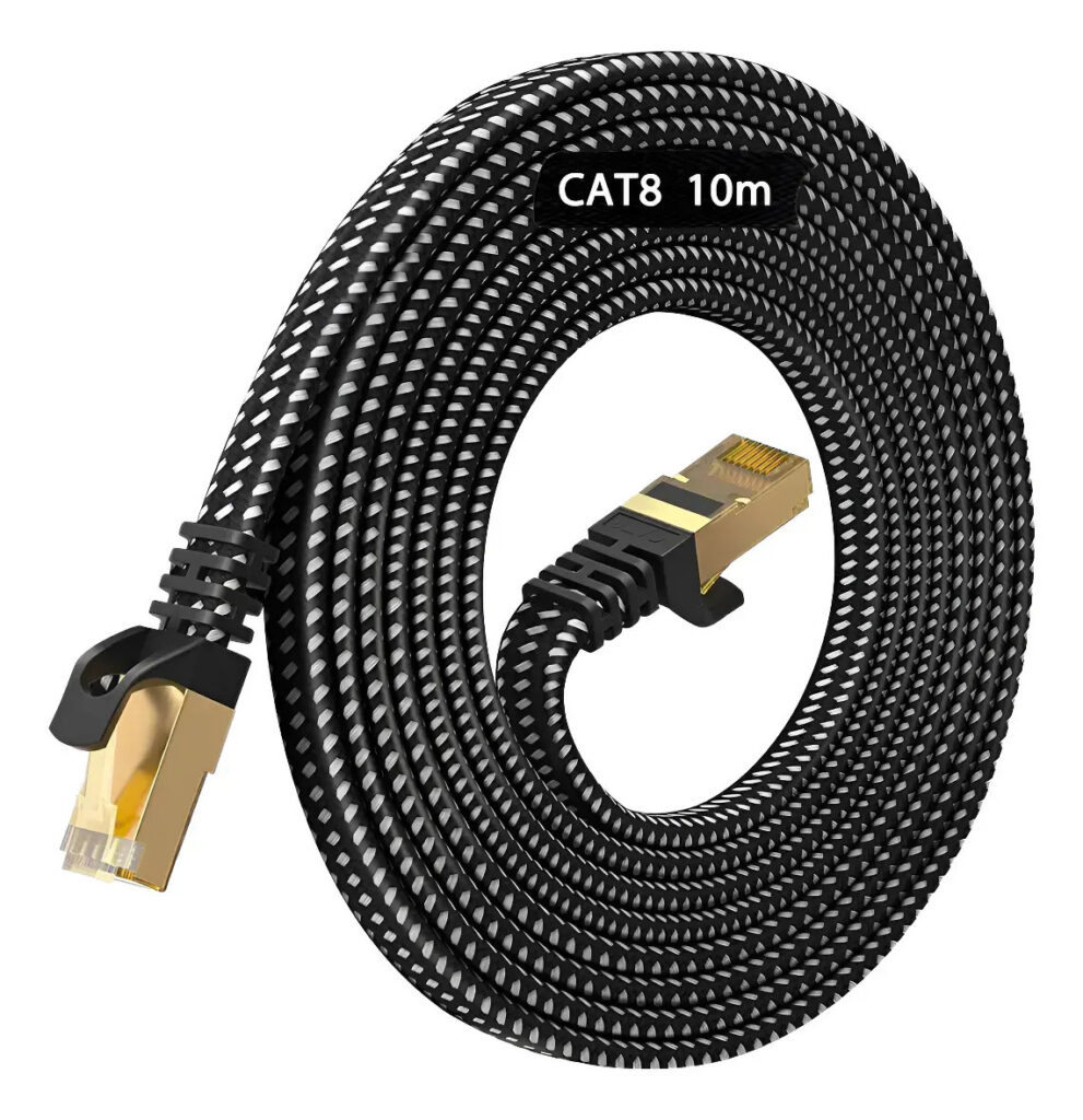 Cabo de rede Cat8 de 10 metros, 40 Gbps, 2000 MHz, nylon plano, cobre puro trançado