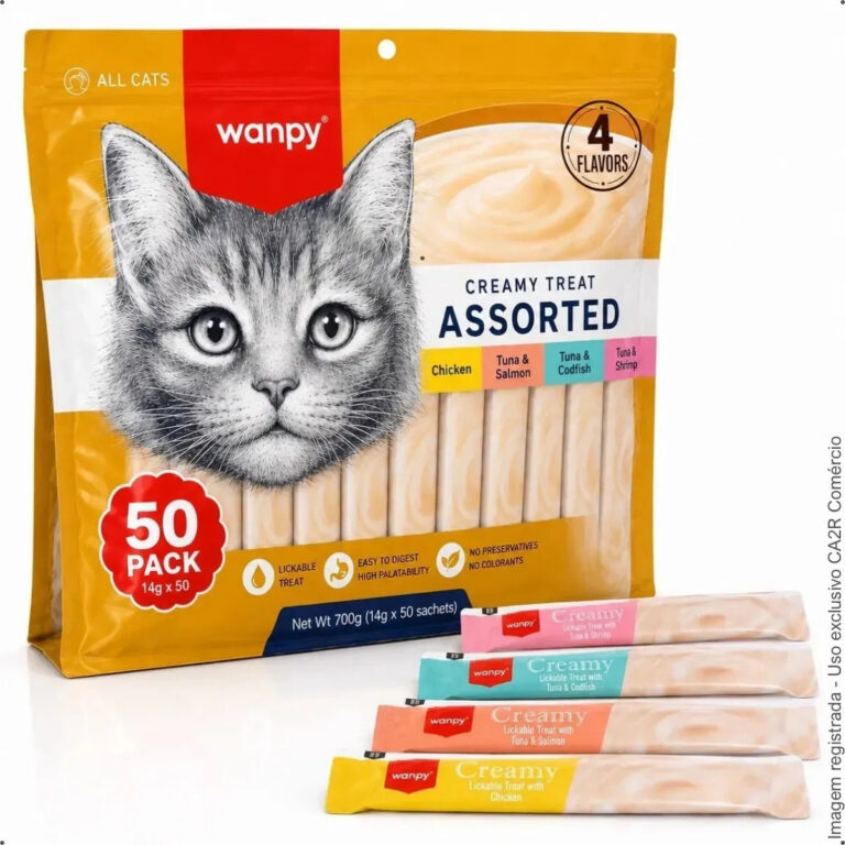 Petisco cremoso Wanpy para gatos – kit com 50 unidades de sabores sortidos