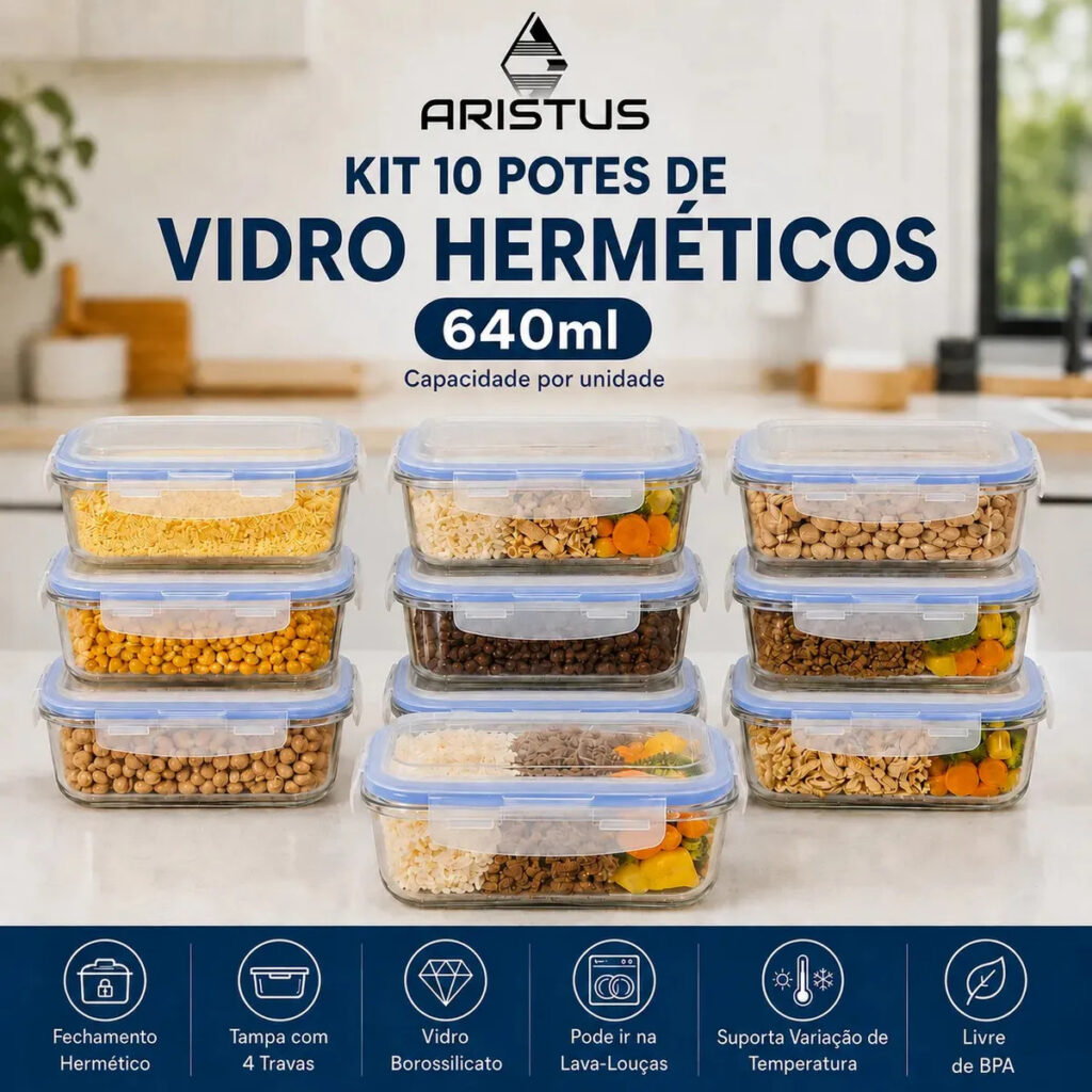 Kit 10 Potes Vidro Hermético Aristus 640ml Marmita Anti Vazamento Forno Micro-ondas Freezer Tampa 4 Travas – Azul