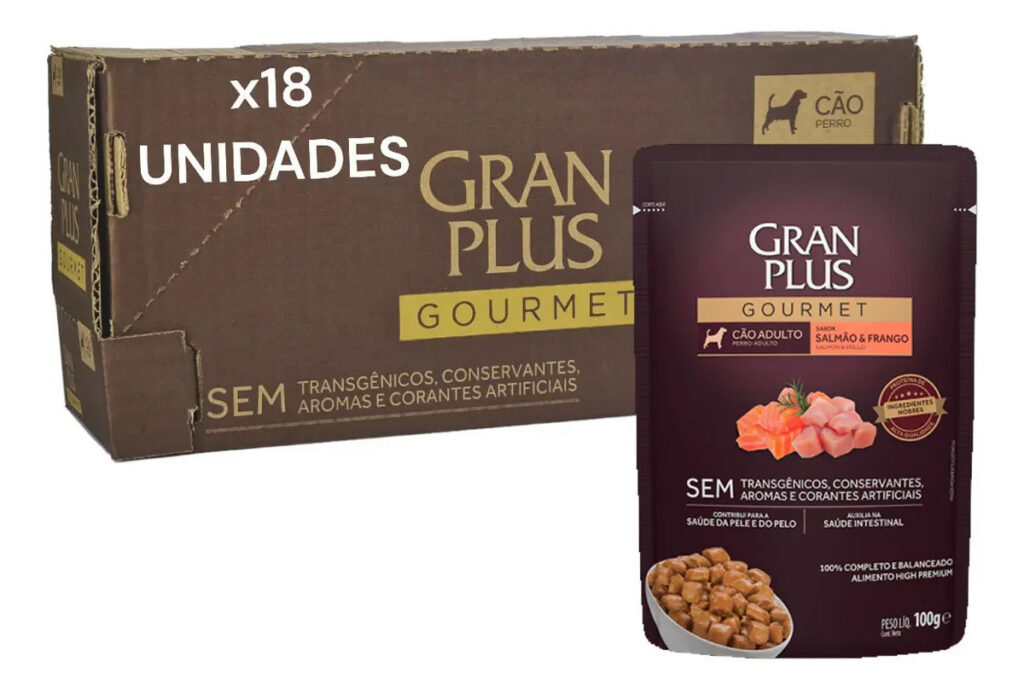Ração Úmida Gran Plus Gourmet Sachê Cães Adultos Salmão e Frango 18un