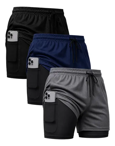 Kit 3 Shorts 2em1 Duplo Dryfit Masculino Compressão Bolso