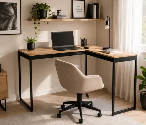 Mesa Escrivaninha Em L Industrial Preta Setup Multiuso