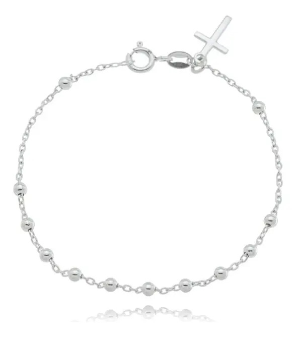 Pulseira Terço Bolinhas Pingente Cruz Prata 925 Unissex