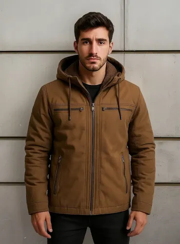 Jaqueta Sarja Masculina Com Capuz Removível Forrada