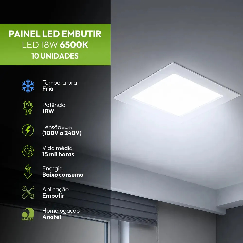 Kit 10 Painel led Plafon Embutir 18w 6500k Branco Frio 12cm 110v/220v Bivolt Quadrado Branco Cod:399211371 Easy By Avant