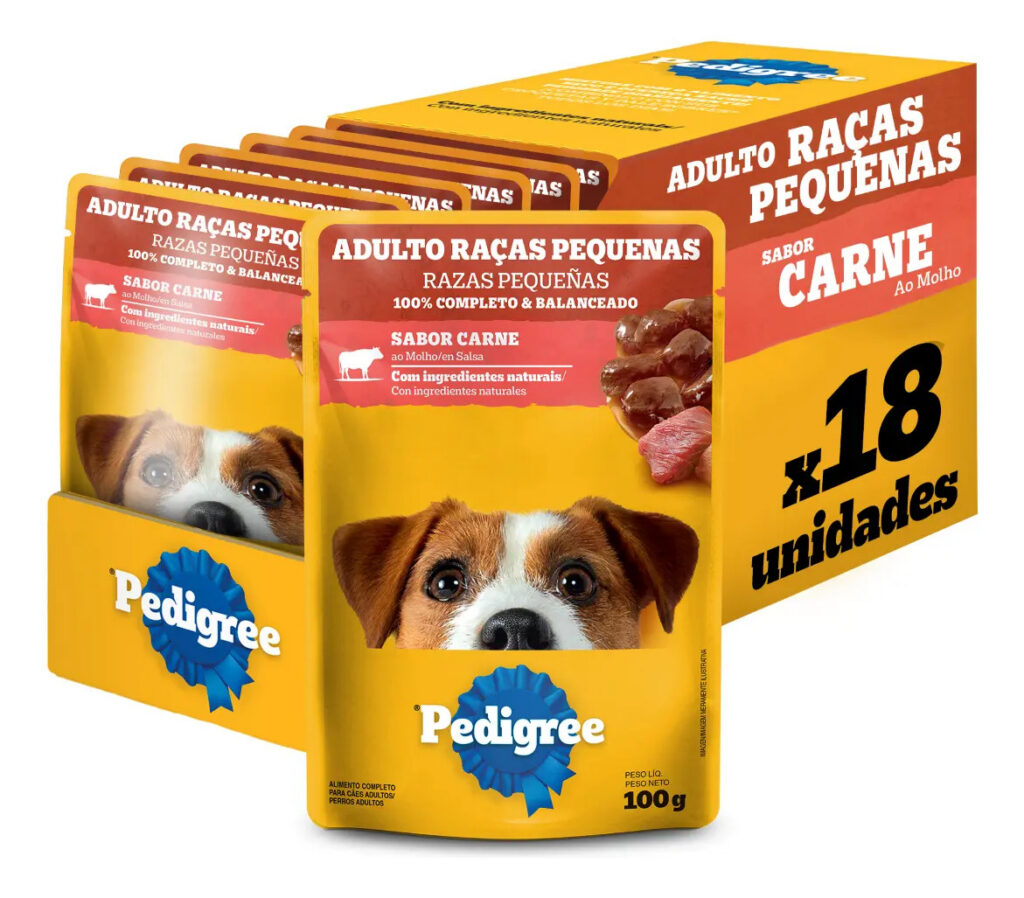 Ração Úmida Pedigree para Cães Adultos Raças Pequenas Sachês Carne 100g – Caixa com 18 unidades