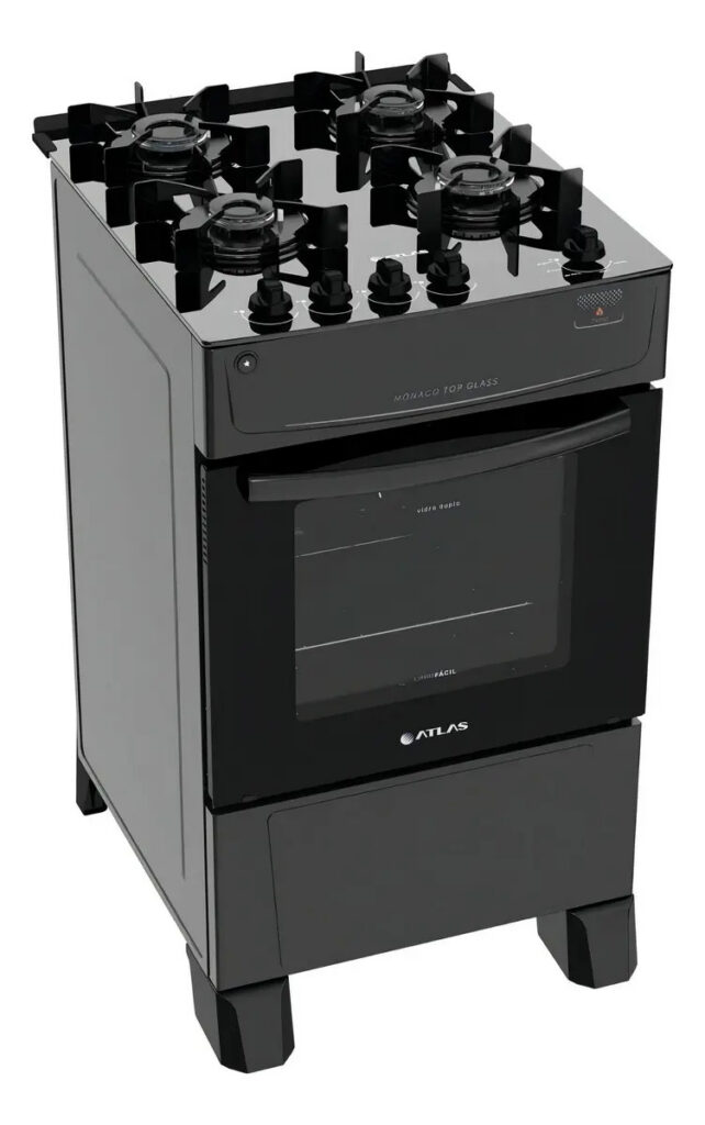 Fogão 4 Bocas Atlas Mônaco Top Glass com Mesa de Vidro e Acendimento Automático Preto Bivolt