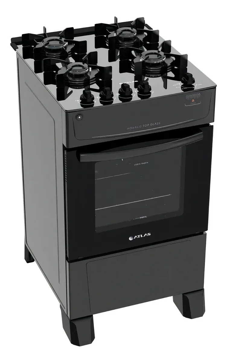 Fogão 4 Bocas Atlas Mônaco Top Glass com Mesa de Vidro e Acendimento Automático Preto Bivolt