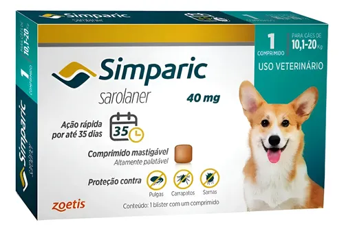 Simparic 40mg Zoetis Antipulgas E Carrapatos 1comp 10-20kg