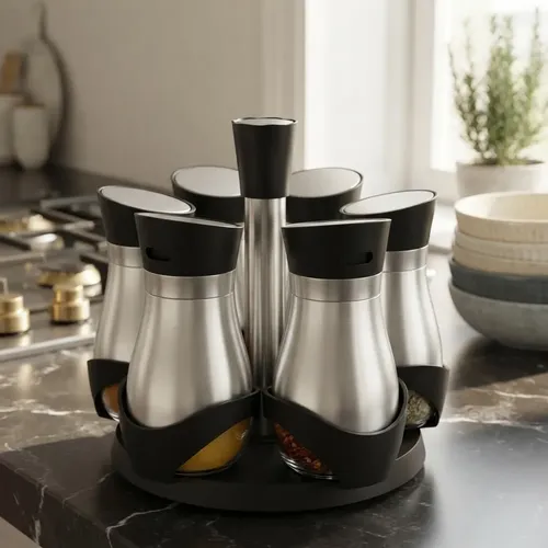 Porta Temperos 6 Potes Aço Inox Base Giratória Eleganta
