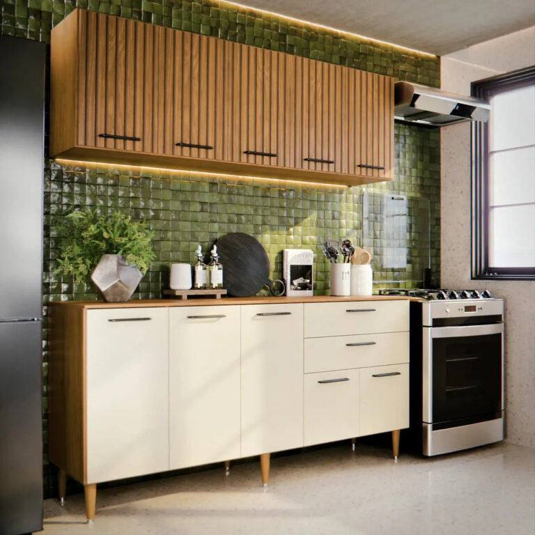 Armário De Cozinha Completo 140cm Aéreo E Balcão, 10 Portas E Gavetas, Funcional Para Cozinhas Ou Planejada Compacta Suspenso De Parede Ripado 3D Off White Bela